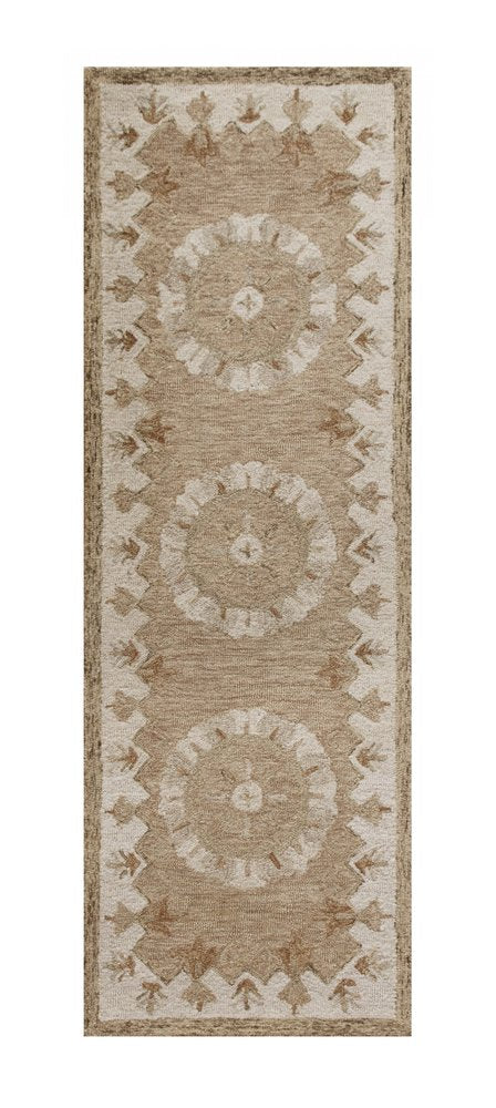 2' X 4' Tan and Beige Wool Medallion Hand Woven Half Circle Area Rug